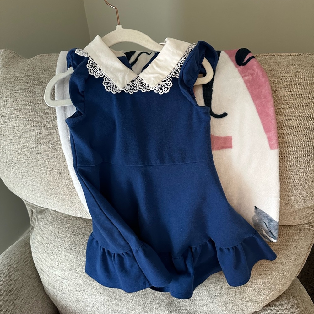 Janie & Jack Navy Blue Dress with White Lace Collar 2T